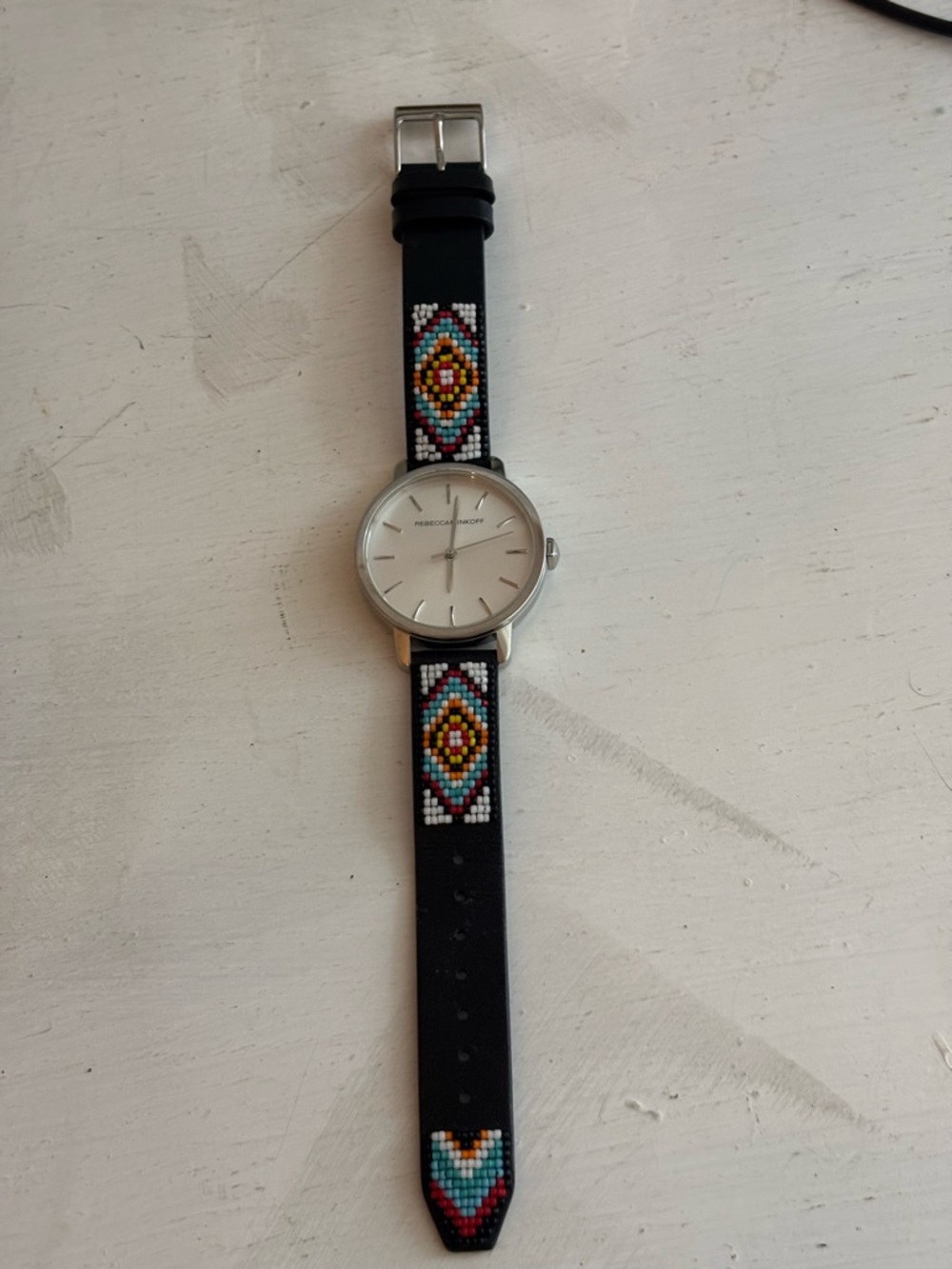 Rebecca Minkoff Black Leather Watch with Multicolor Beaded Strap - like new!